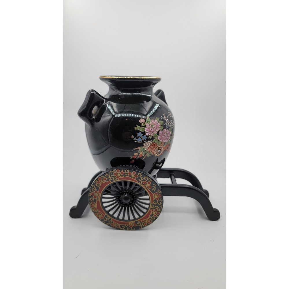 Asian Ceramic Vase with Plastic Cart Stand Black Floral Gold Trim